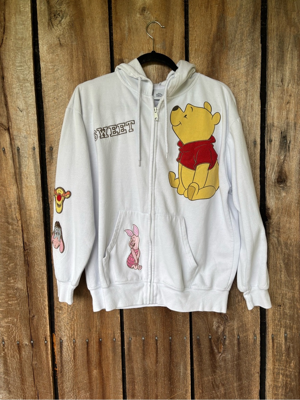 Disney Winnie the Pooh Zip Up Hoodie Sweet Piglet Tigger White Fleece Women's L